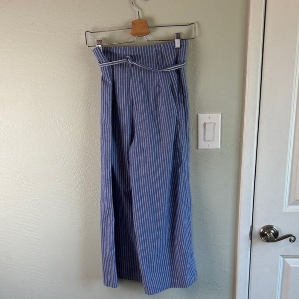 Blue Pinstripe Paperbag Tie-Waist Wide Leg Pants 4 Stretch Cotton Blend - Picture 5 of 5